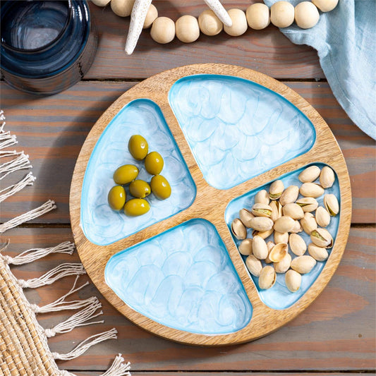 Blue Coastal Scalloped Round 4-Section Serving Tray