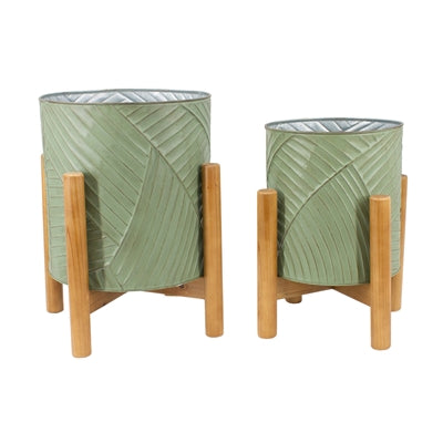 Sage Metal Planters on Wood Stand