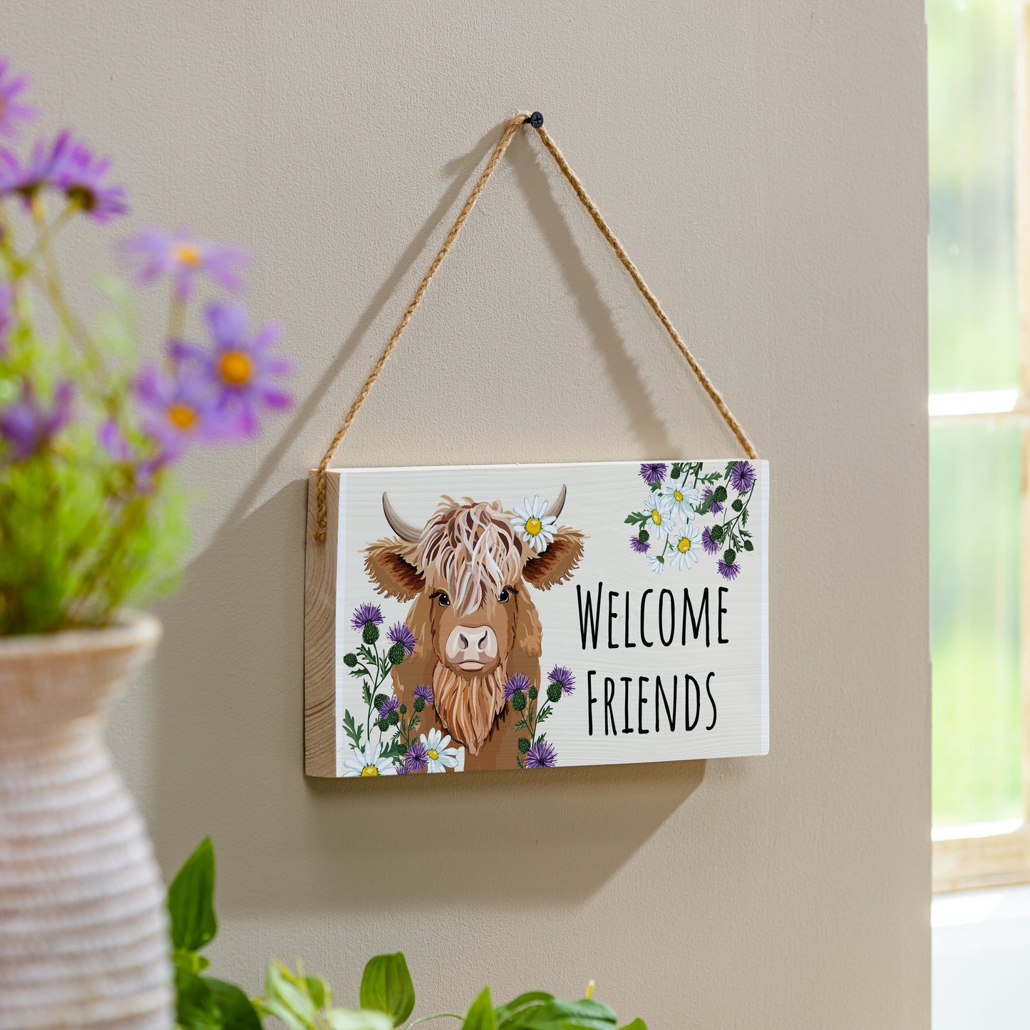 Welcome Friends Highland Cow Hanging Sign