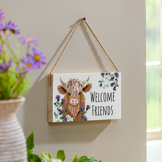 Welcome Friends Highland Cow Hanging Sign