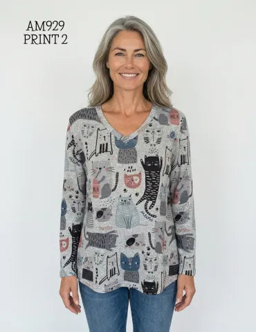 Creation Pet Print V Neck Long Sleeve Top